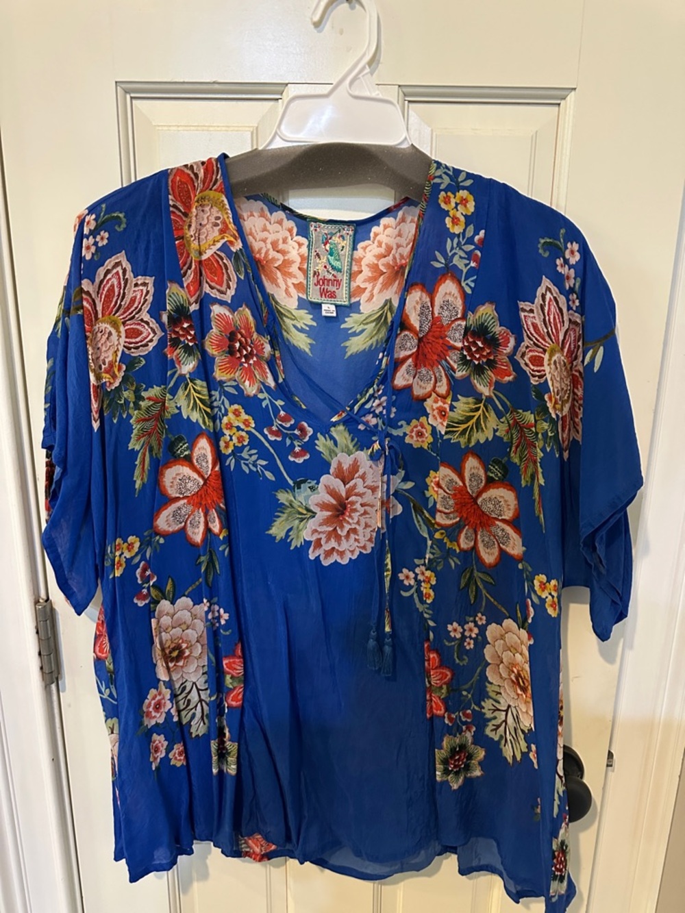 Johnny Was Royal Blue Floral V-Neck Tunic with Tassel Tie